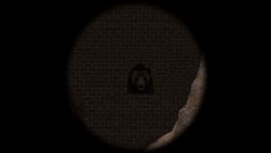 Grizzly bear hiding in a window, viewed through a powerful sniper scope